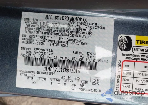 2012 Lincoln Mkz Hybrid z USA, uszkodzony, nr VIN 3LNDL2L39CR817316